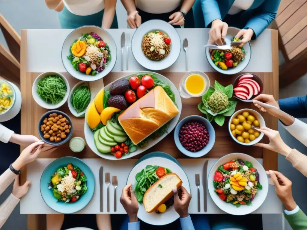 Una mesa llena de opciones de comida sin gluten, personas sonrientes en animada conversación