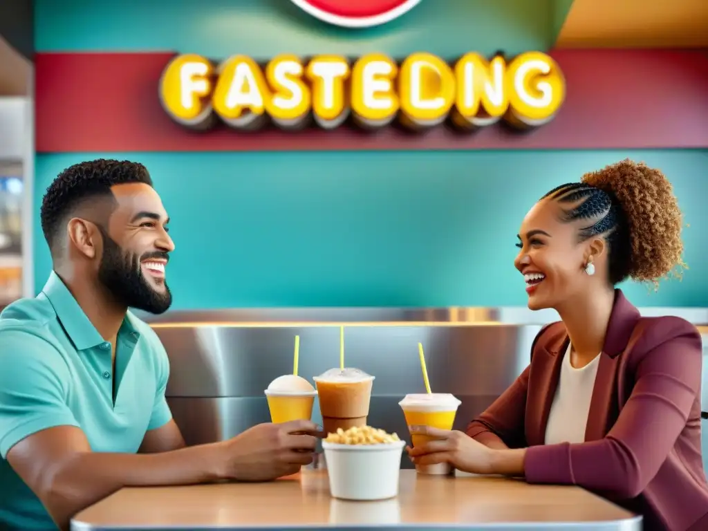 Una mesa llena de opciones sin gluten en una cadena de comida, con personas diversas sonriendo y disfrutando juntas