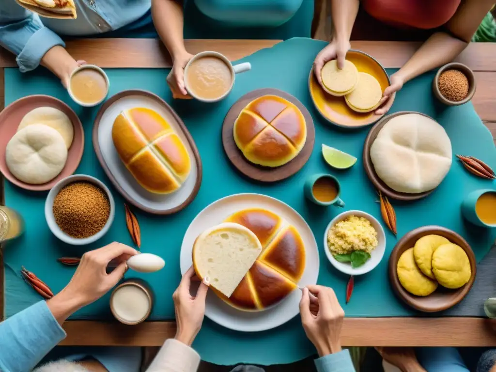 Una mesa llena de panes latinos sin gluten innovadores, como pan de yuca y arepas, junto a café con leche y pan dulce