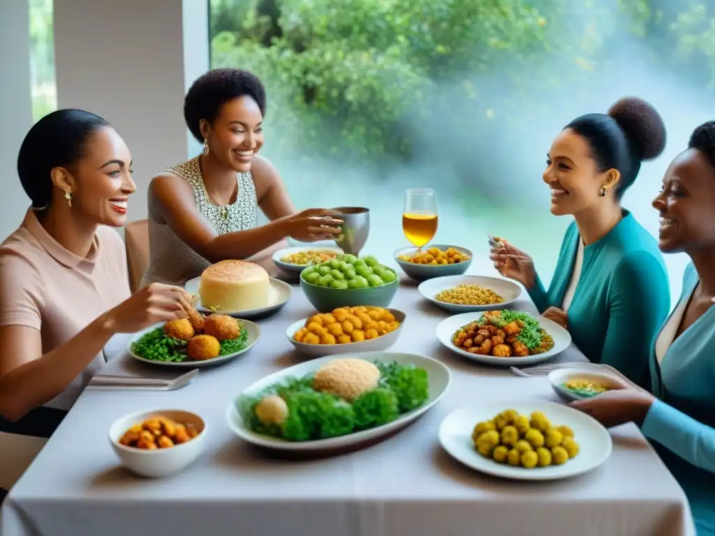 Una mesa llena de personas diversas disfrutando de una comida juntos, con platos para diferentes alergias alimentarias