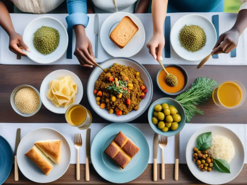 Una mesa llena de personas diversas disfrutando de una comida sin gluten, mostrando inclusión y apoyo social