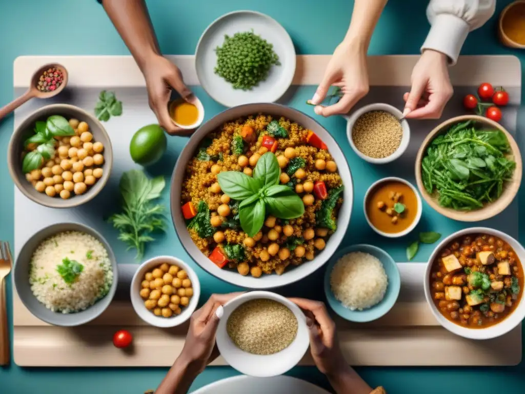 Una mesa llena de platos coloridos y deliciosos, con personas sonrientes compartiendo Proteínas sin gluten alternativas en comunidad y conexión