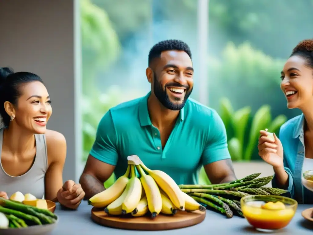 Una mesa llena de platos coloridos y personas sonrientes de diversas edades y etnias disfrutando de alimentos prebióticos sin gluten