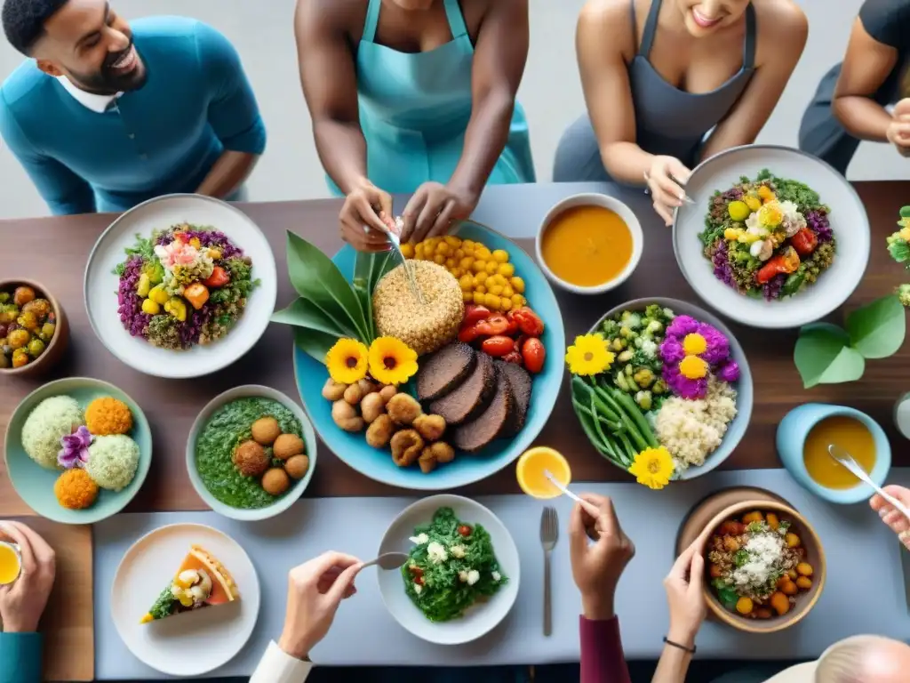 Una mesa llena de platos coloridos y variados para todos, promoviendo la inclusión y la dieta sin gluten y restricciones