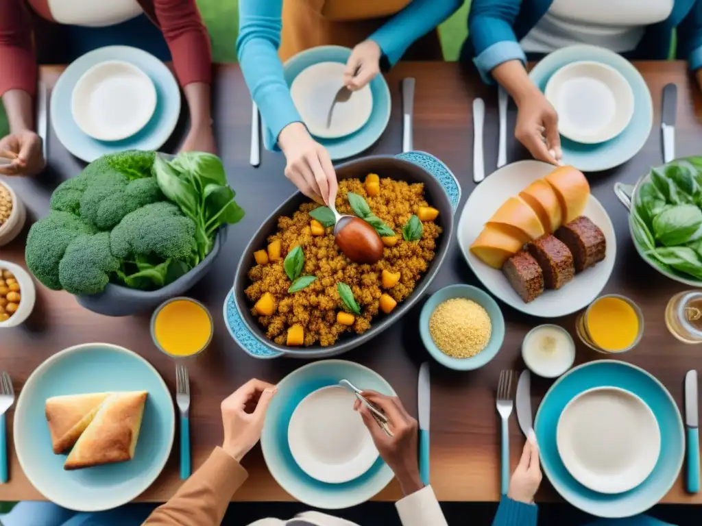 Una mesa llena de platos sin gluten, gente diversa compartiendo una comida con calidez y apoyo emocional