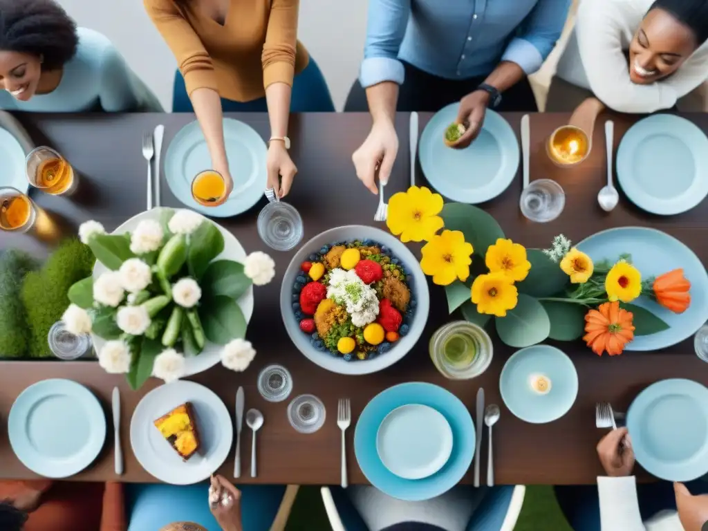 Una mesa llena de platos sin gluten y personas diversas compartiendo experiencias