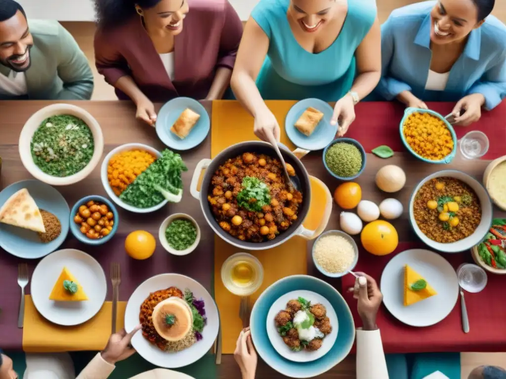 Una mesa llena de platos sin gluten y personas de diversas culturas sonrientes, en un ambiente de intercambio cultural