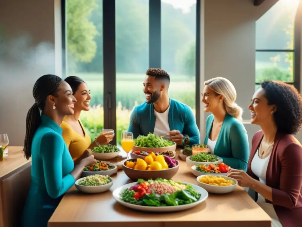 Una mesa llena de platos sin gluten, personas sonrientes disfrutando de una comida colorida y deliciosa