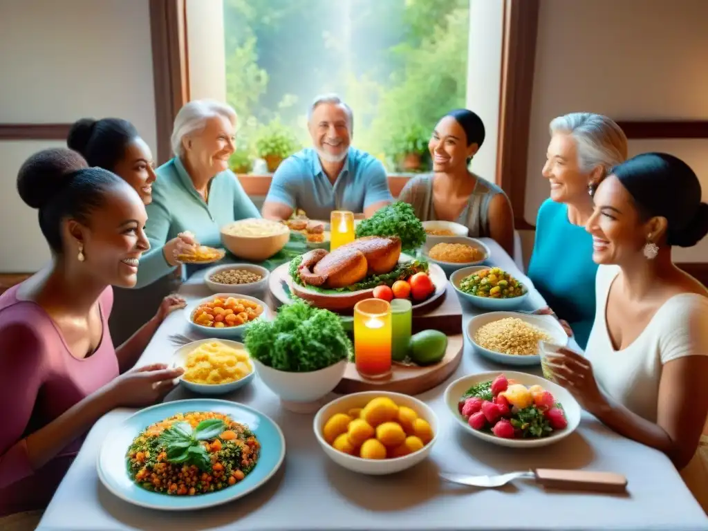 Una mesa llena de platos sin gluten, personas sonrientes de diferentes edades y fondos, creando un ambiente cálido y solidario