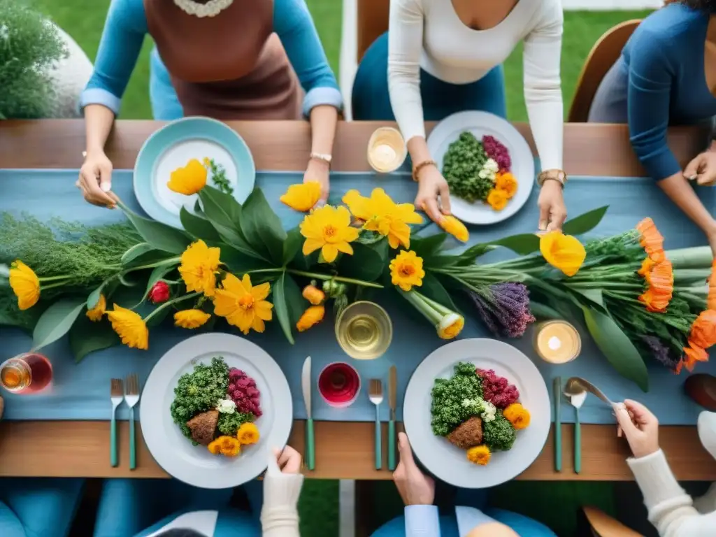 Una mesa llena de platos sin gluten coloridos y personas sonrientes, representando la planificación de comidas sin gluten personalizada