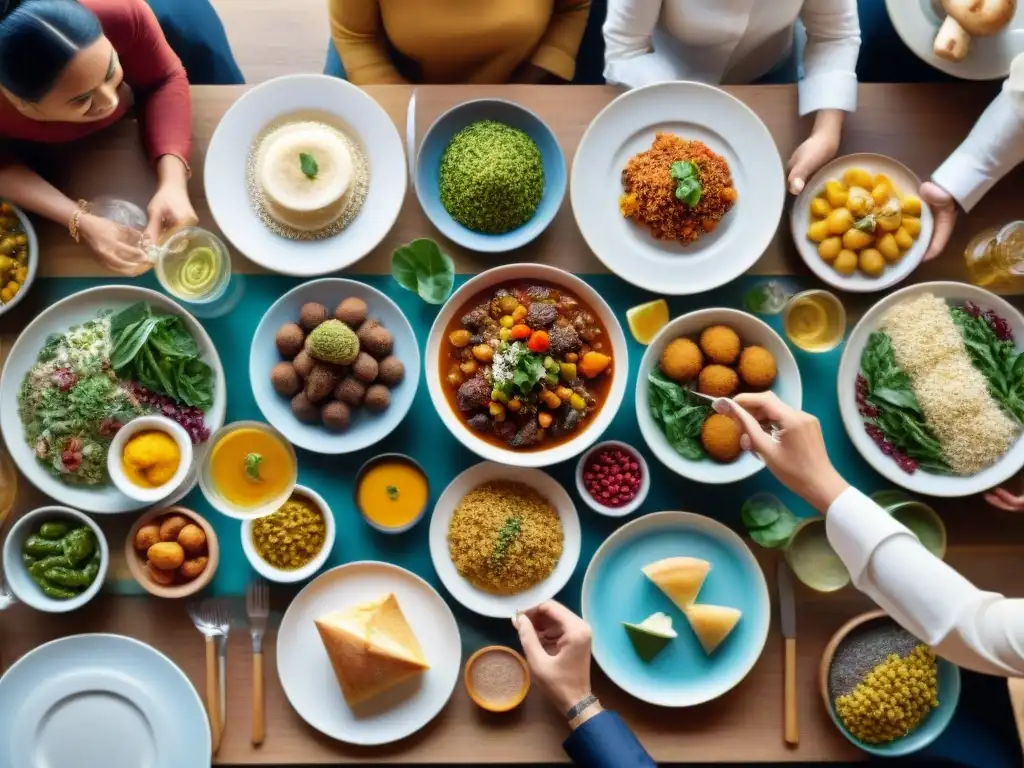 Una mesa llena de platos sin gluten, donde personas de diferentes culturas comparten comida y conversaciones en un ambiente festivo y acogedor