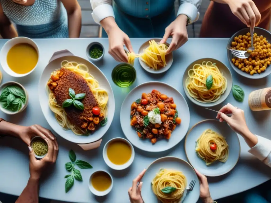 Una mesa llena de platos de pasta sin gluten, donde un grupo diverso de personas disfruta juntos de una deliciosa comida italiana