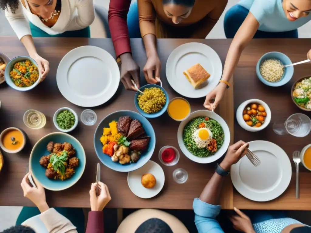 Una mesa llena de platos sin gluten rápidos internacionales, donde personas de distintas culturas comparten una comida y tradiciones