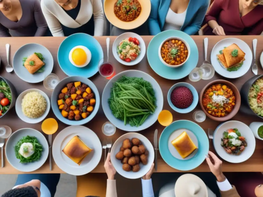 Una mesa llena de platos vibrantes y variados, personas de diferentes edades y etnias disfrutan de una comida sin gluten en comunidad