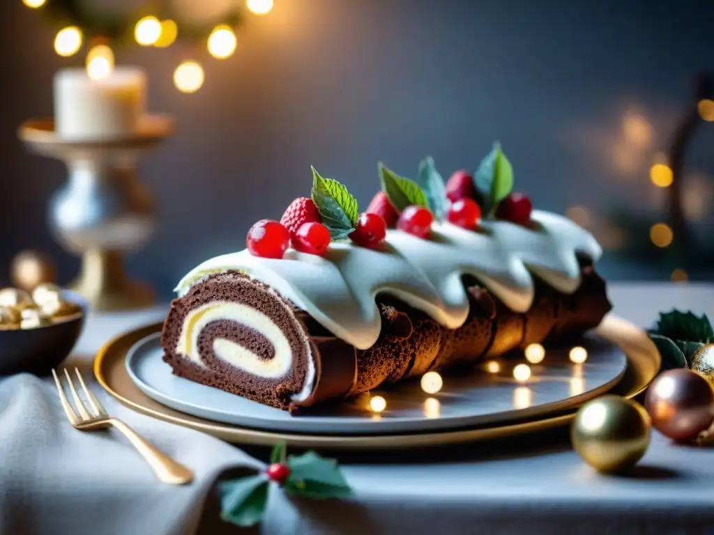 Una mesa navideña sin gluten llena de postres deliciosos: tronco de chocolate, pavlova de frutas, galletas de almendra y corteza de menta