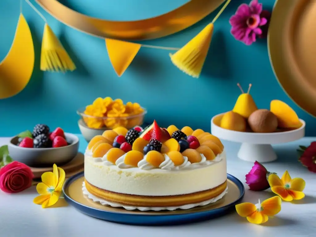 Una mesa llena de postres latinos tradicionales sin gluten en una fiesta colorida y alegre