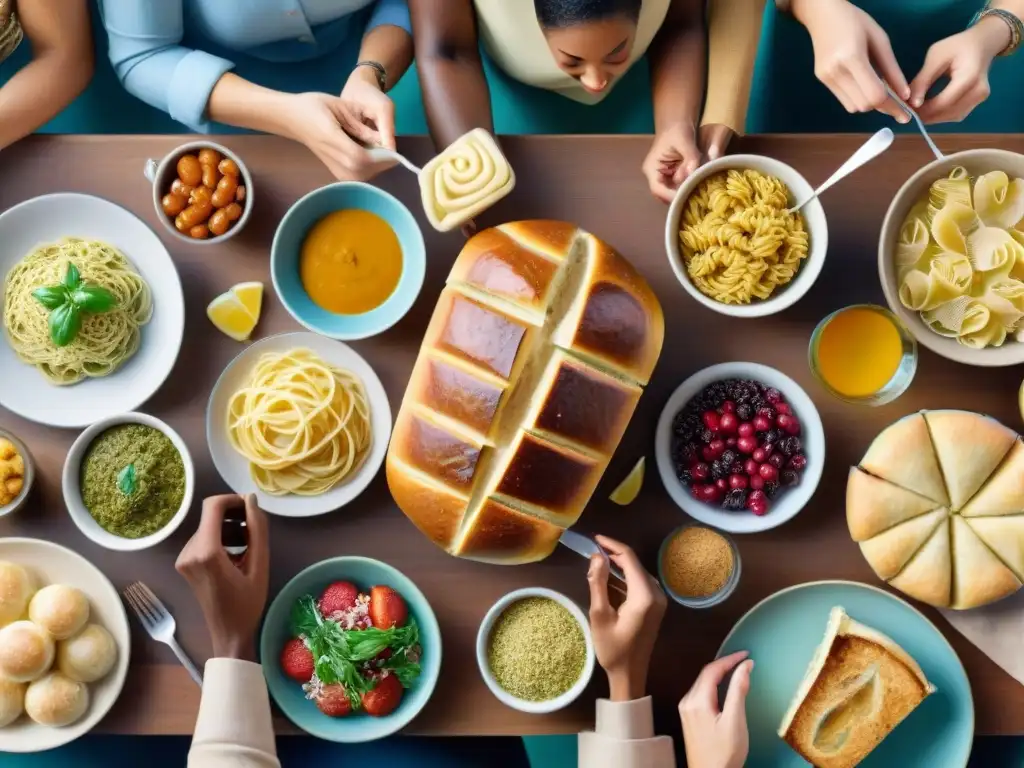 Una mesa llena de productos sin gluten procesados, donde una diversa comunidad comparte una comida deliciosa y se divierte