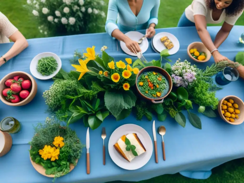 Una mesa llena de productos orgánicos sin gluten sostenibles, rodeada de gente diversa disfrutando al aire libre