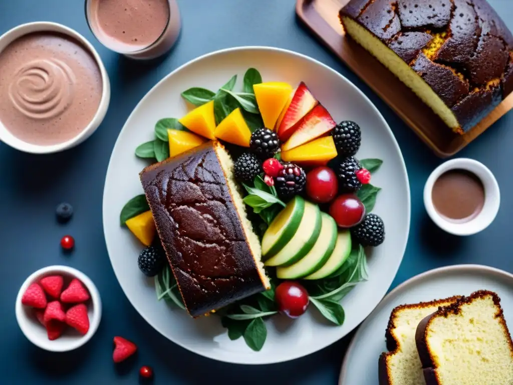 Una mesa llena de recetas sin gluten sabrosas: ensalada de quinoa, pan, torta de chocolate y smoothie, con colores vibrantes y texturas deliciosas