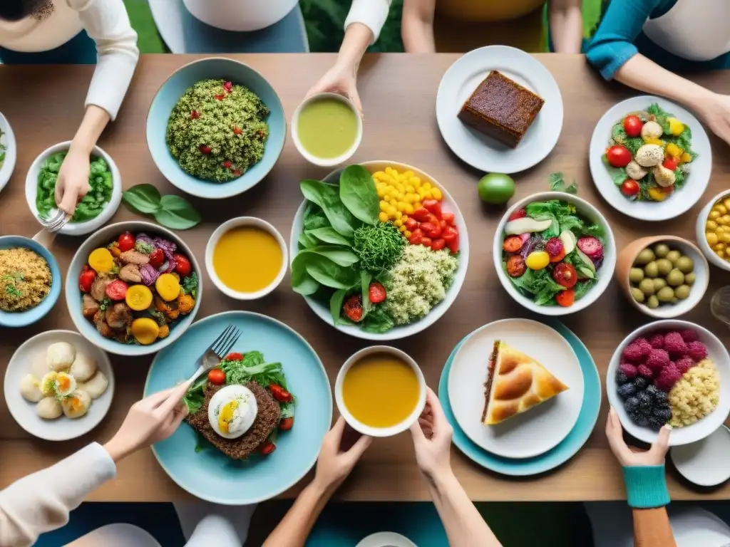 Una mesa llena de recetas sin gluten innovadoras, rodeada de personas diversas disfrutando de la comida y la conversación