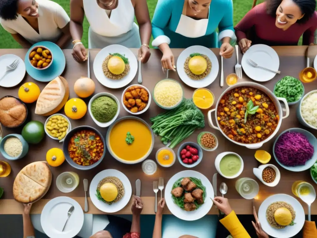 Una mesa llena de recetas innovadoras sin gluten con gente diversa disfrutando de la comida en comunidad