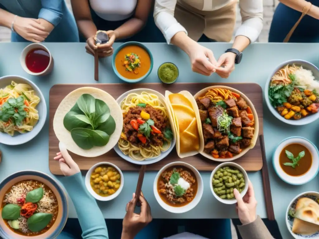 Una mesa llena de recetas internacionales sin gluten, donde personas de distintas culturas disfrutan juntas de deliciosos platillos