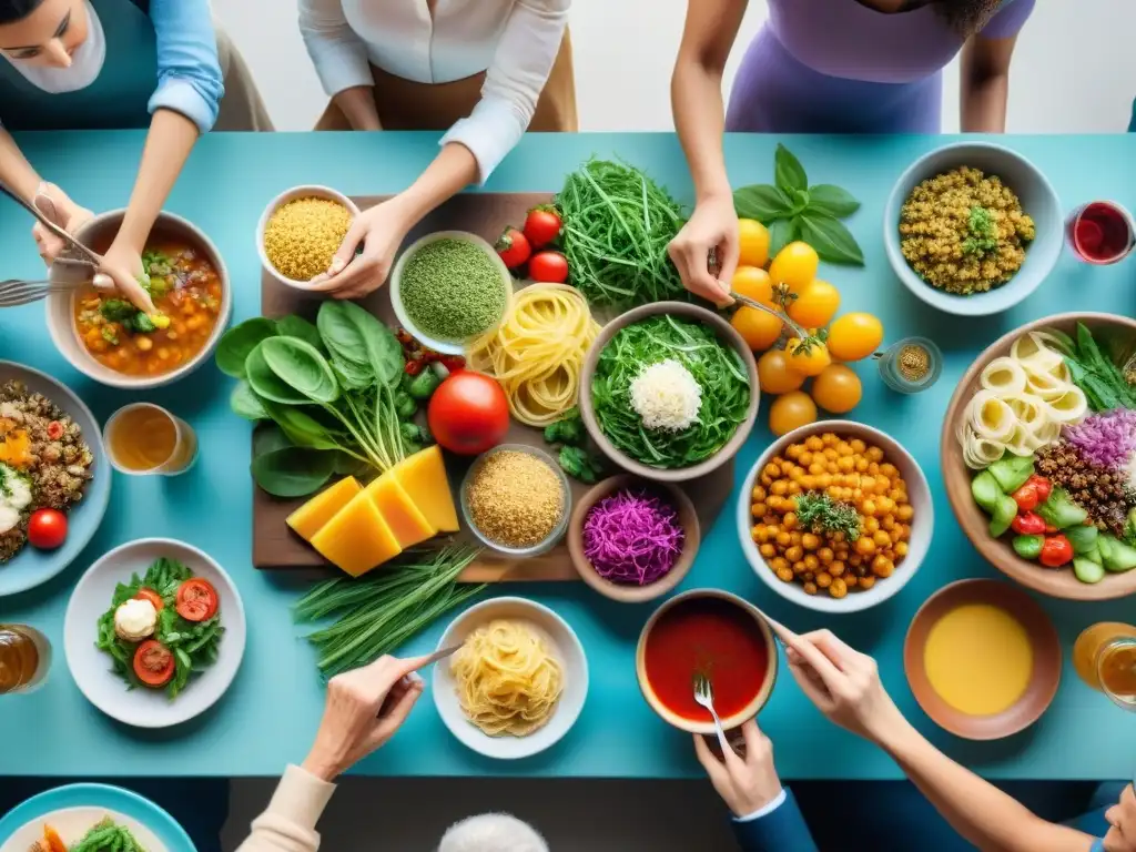 Una mesa llena de recetas seguras sin gluten para alérgicos, con personas de diferentes edades y fondos disfrutando juntas