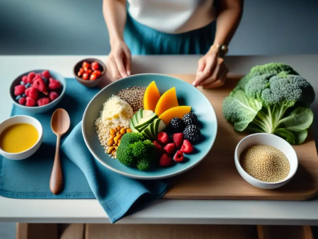 Una mesa llena de variados alimentos coloridos, como ensalada de quinoa, galletas de harina de almendra, pudding de chía y bayas frescas