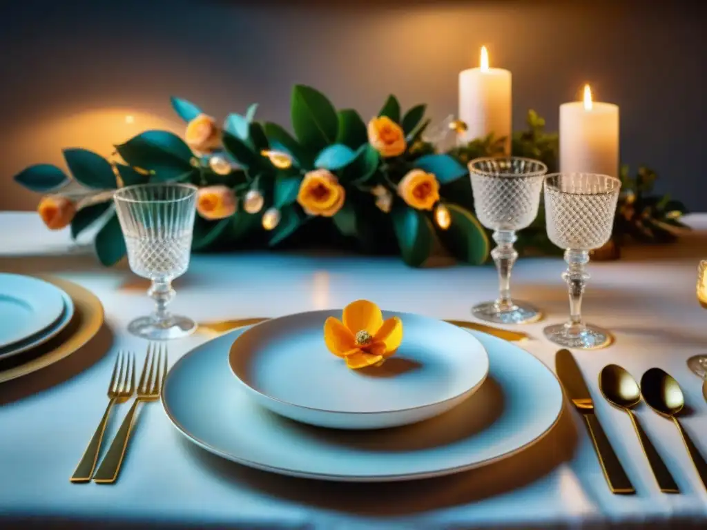 Una mesa de lujo para cena sin gluten, con cristalería fina y vajilla elegante, iluminada por velas