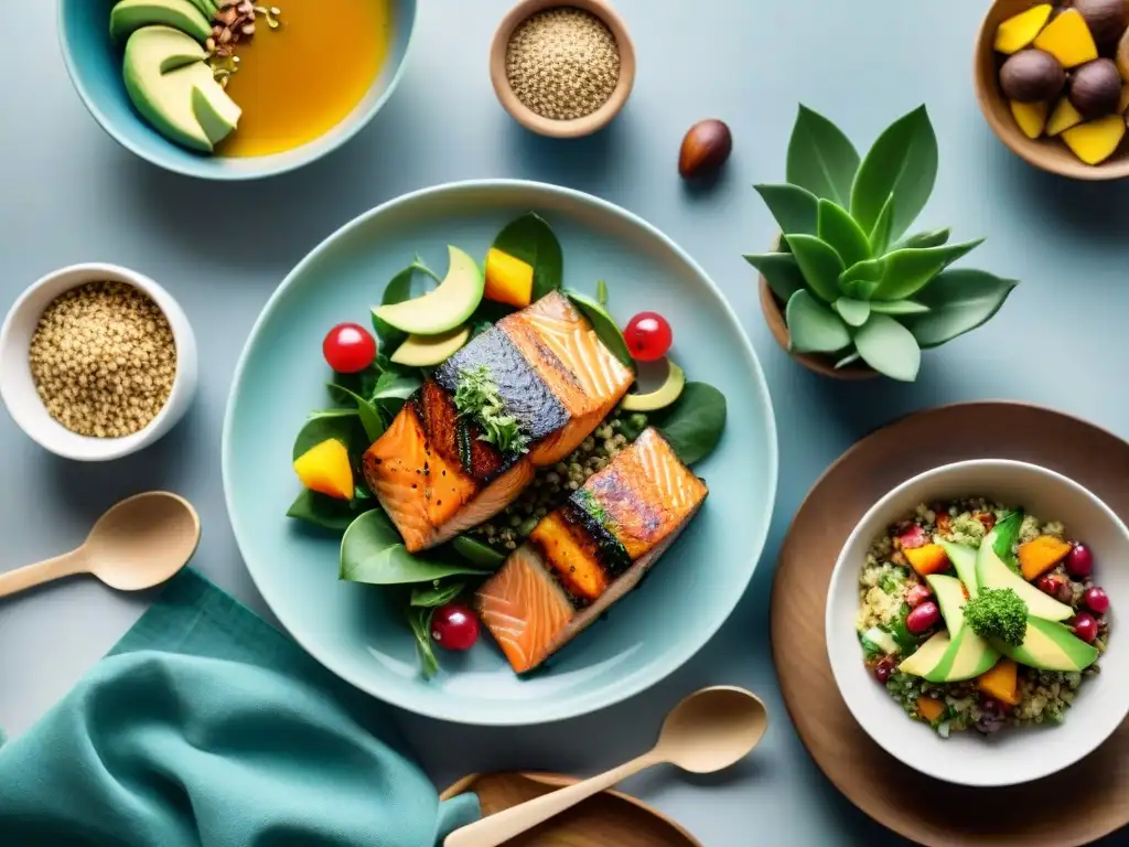 Una mesa de madera con comida Paleo sin gluten semanalmente, llena de frutas, verduras y salmón a la parrilla