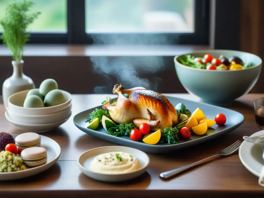 Una mesa de madera decorada con platos coloridos y apetitosos, reflejando recetas sin gluten para celíacos