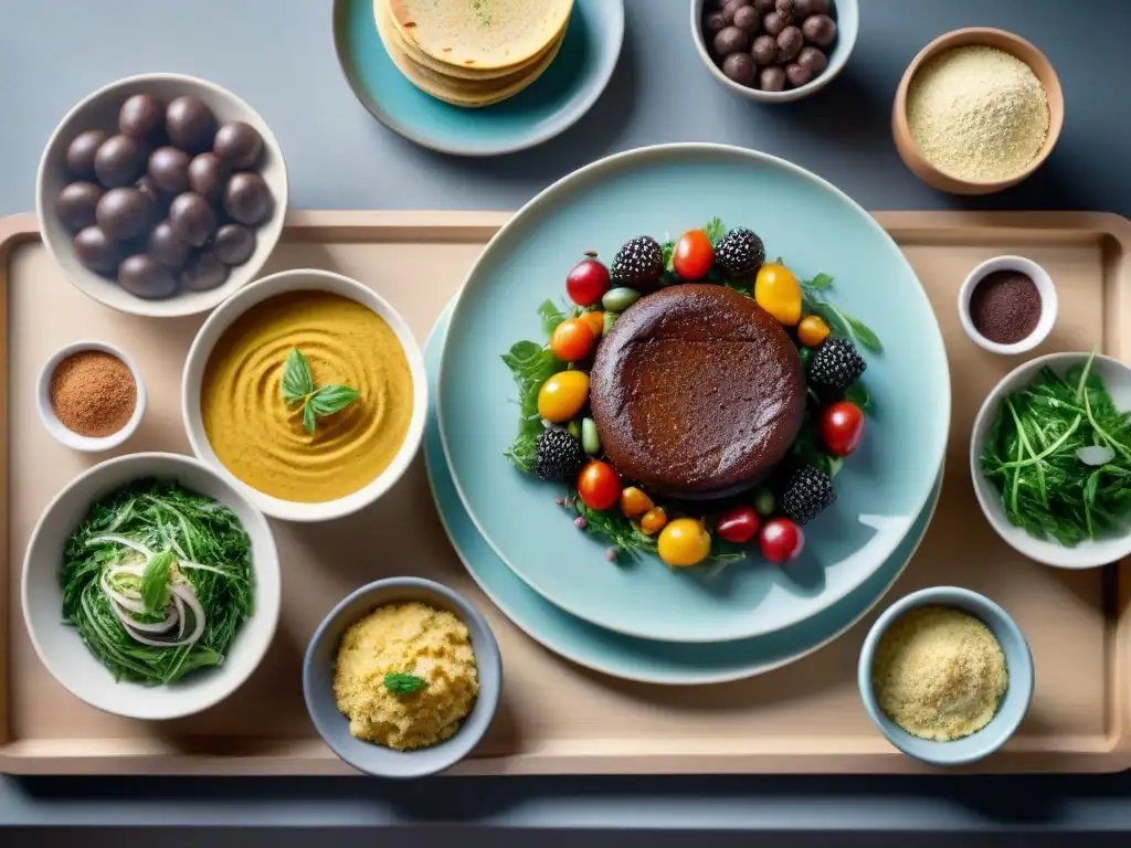 Una mesa de madera con deliciosas recetas sin gluten innovadoras como ensalada de quinoa y pastel de chocolate, iluminadas por la luz natural