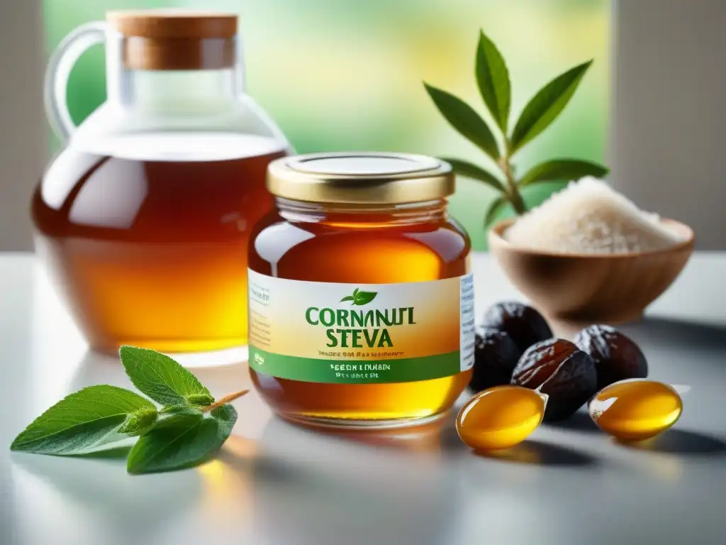 Variedad de endulzantes naturales sin gluten en mesa de madera Una mesa de madera con edulcorantes naturales sin gluten: miel, stevia, dátiles, azúcar de coco y jarabe de arce
