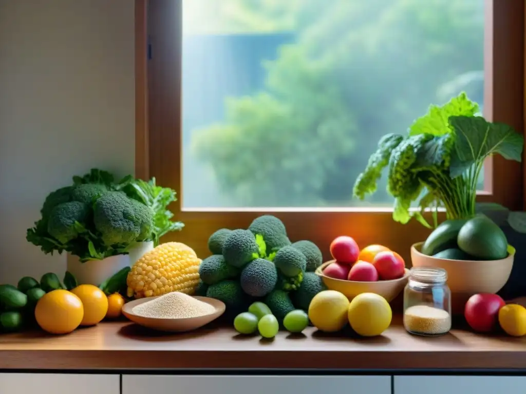 Una mesa de madera con frutas, verduras y productos sin gluten, iluminada por el sol