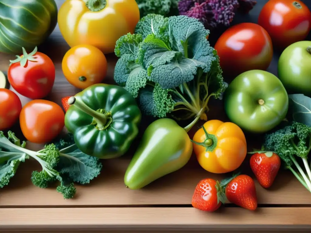 Una mesa de madera con frutas y verduras coloridas, frescas y variadas