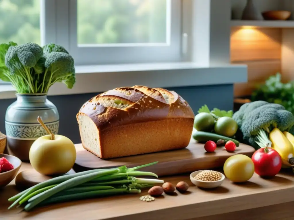 Una mesa de madera con frutas, verduras y granos coloridos, resplandeciendo luz solar