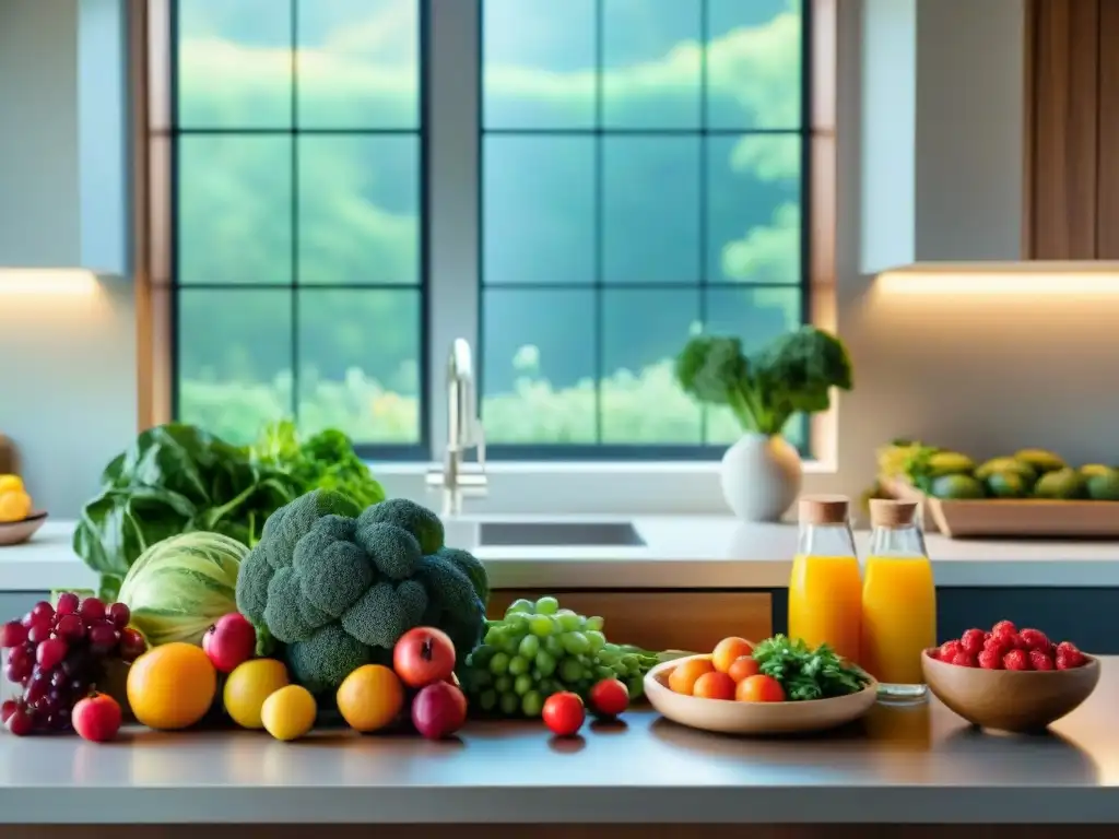 Una mesa de madera con frutas y verduras vibrantes, bañada por luz solar