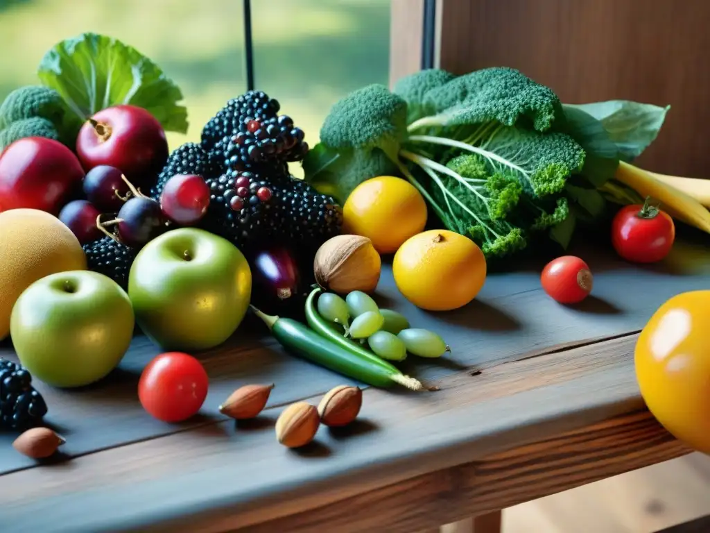 Una mesa de madera con frutas y verduras orgánicas, granos sin gluten y nueces