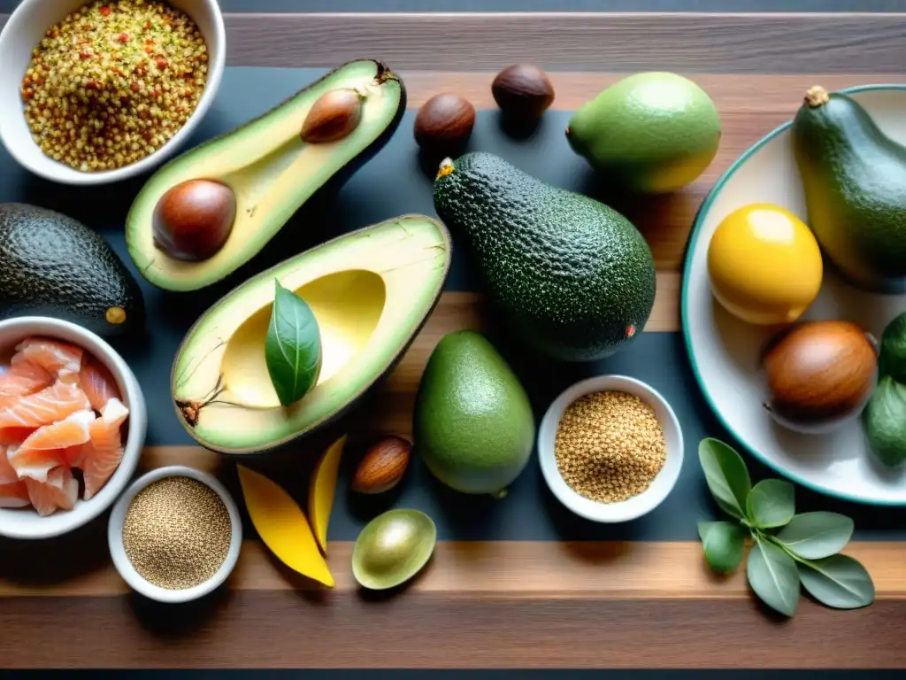 Una mesa de madera llena de alimentos coloridos y nutritivos resalta las grasas saludables sin gluten para recuperación muscular