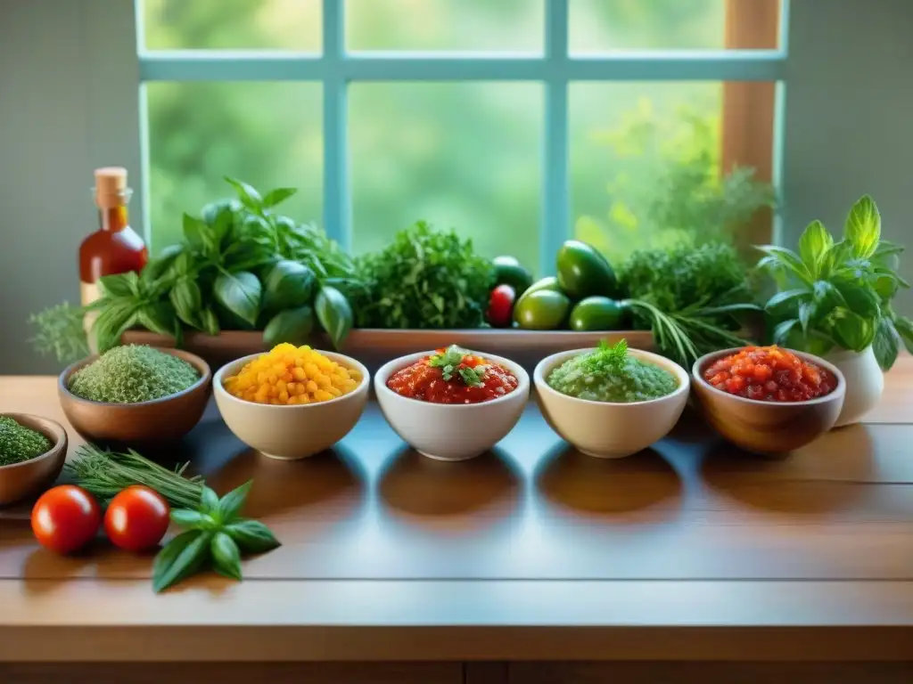 Una mesa de madera llena de coloridos cuencos de salsa artesana, resaltando las especias