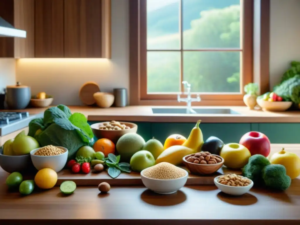 Una mesa de madera llena de frutas, verduras y granos sin gluten, bañada por la luz del sol