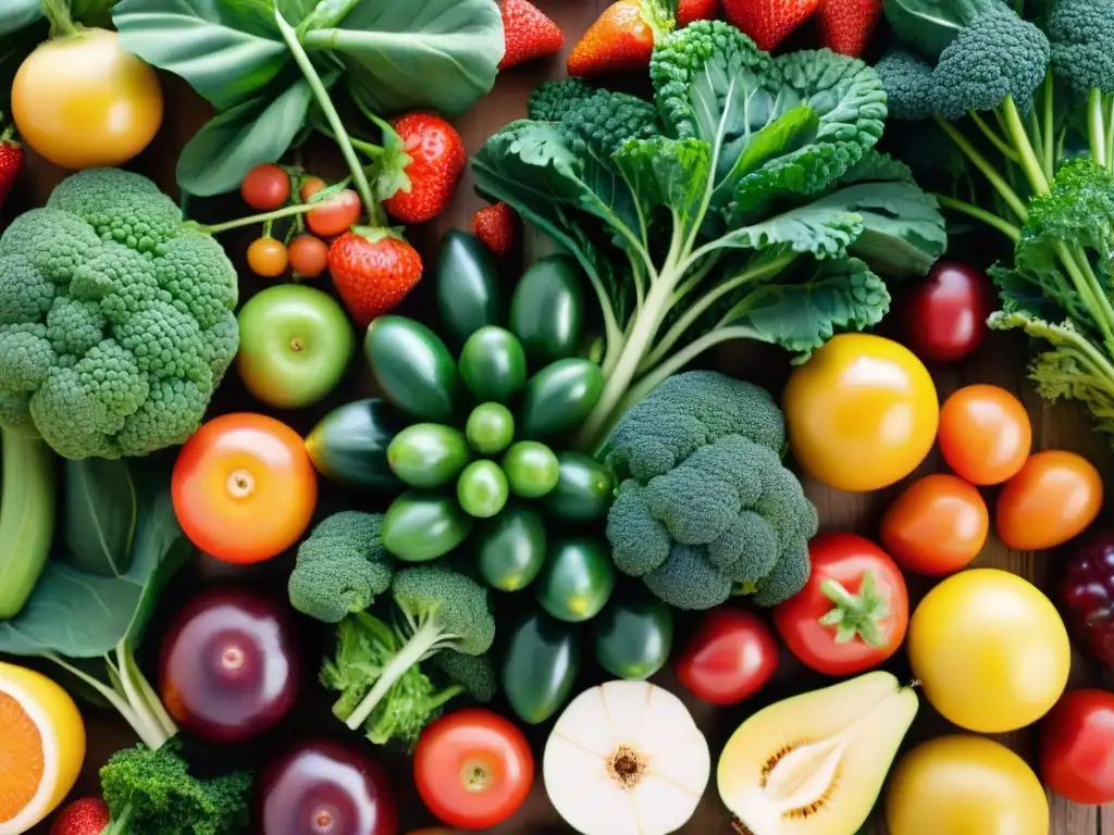 Una mesa de madera llena de frutas y verduras orgánicas y sin gluten, brillantes y coloridas, evocando vitalidad y salud