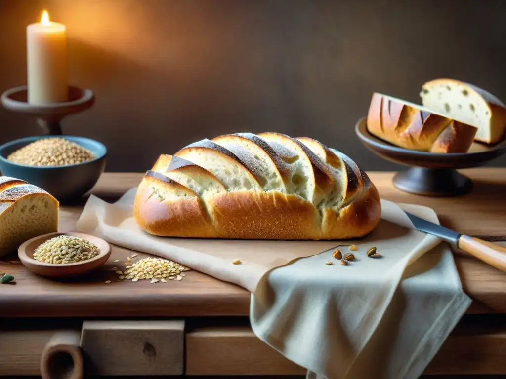 Una mesa de madera con pan sin gluten recién horneado en variedad de formas y texturas, decorado con semillas y hierbas