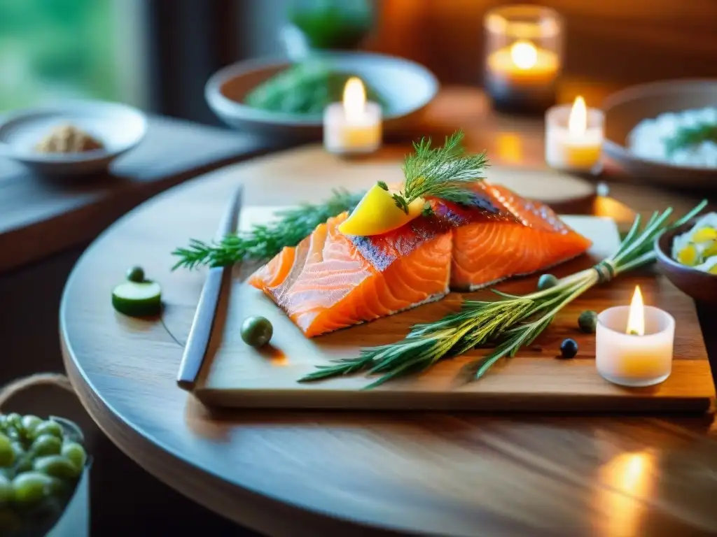 Una mesa de madera con platos escandinavos sin gluten gourmet, incluyendo salmón gravlax, vegetales encurtidos y especias nórdicas