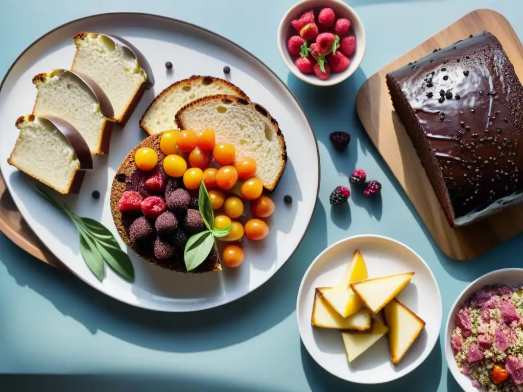 Una mesa de madera con platos sin gluten variados: ensalada de quinua, pan sin gluten, quesos, embutidos y pastel de chocolate, iluminados por la luz natural