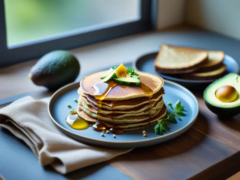 Una mesa de madera con recetas sin gluten trigo sarraceno: panqueques, pan y ensalada, bañados en luz natural