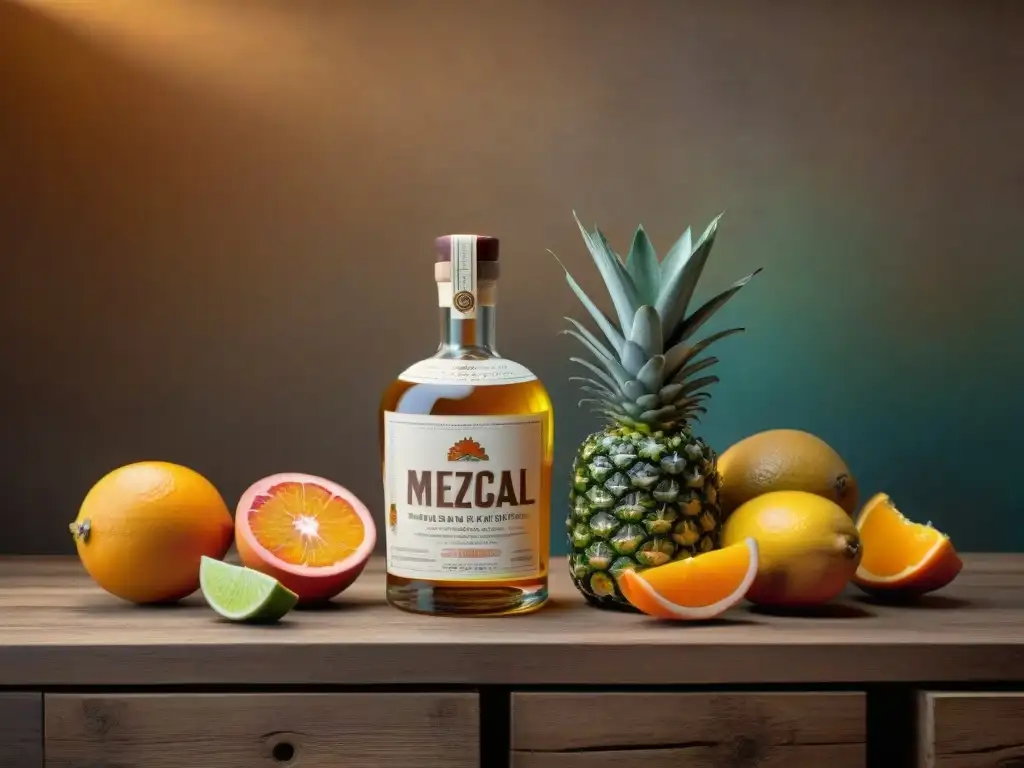 Una mesa de madera rústica con botellas de mezcal artesanal mexicano, frutas frescas y mezcal sin gluten, iluminada cálidamente