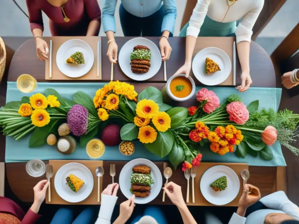 Una mesa multicultural con cocina vegana sin gluten influencia, reuniendo a personas sonrientes en un ambiente cálido y acogedor