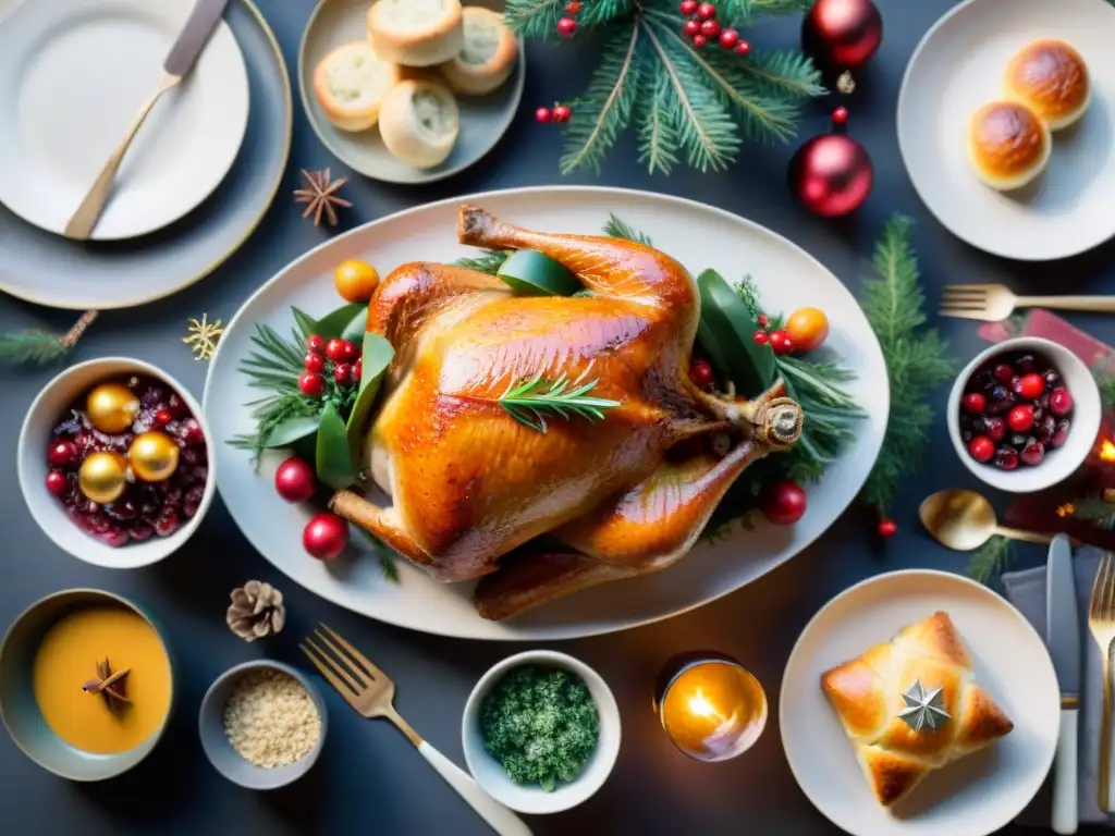 Una mesa de Navidad sin gluten completa y festiva con pavo asado y decoración brillante