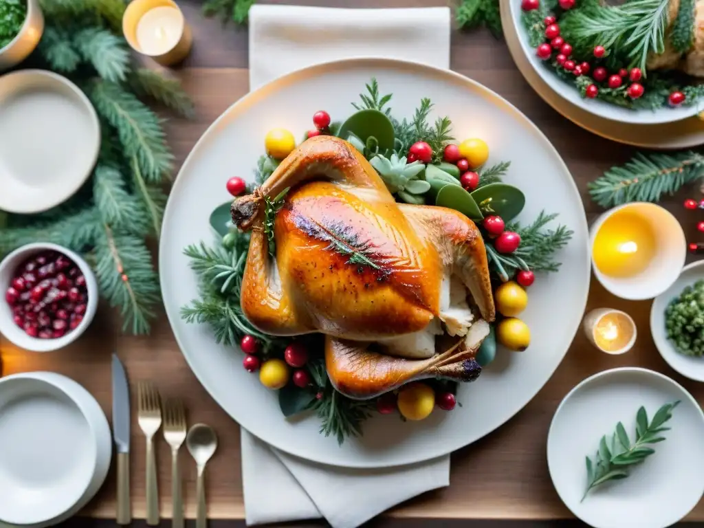 Una mesa de Navidad elegante con vajilla blanca y dorada rodeada de vegetación, luces brillantes y un suculento pavo asado